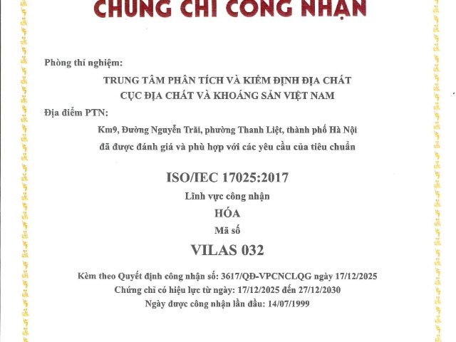 Chứng chỉ công nhận VILAS 032 và VIRAS 006